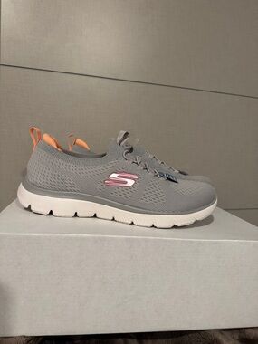 Skechers Gray Knit Slip-On Sneaker with Pink and Orange Accents— Woman’s